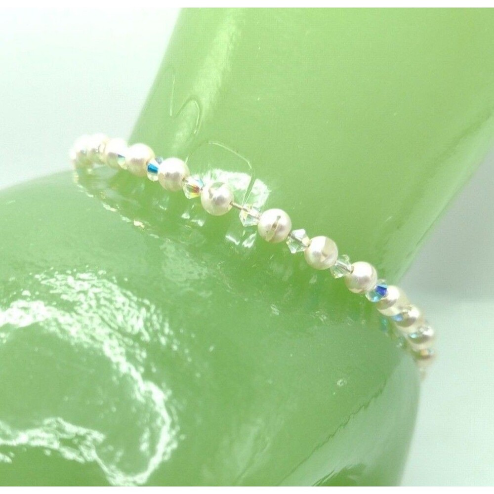 Elegant Faux Pearl & Aurora Borealis AB Bead Bracelet 925 Sterling Clasp 8-8.75"